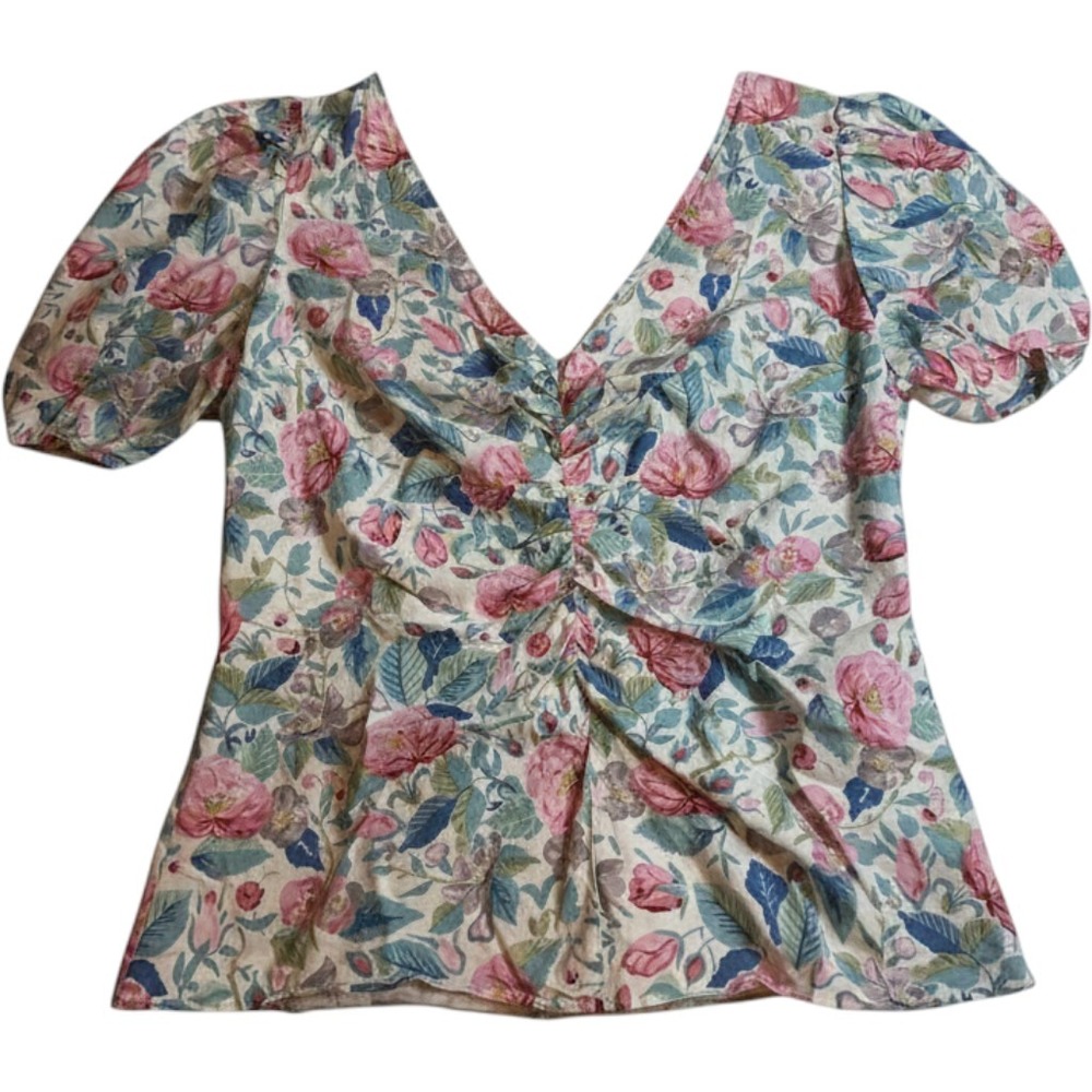 La Vie Rebecca Taylor Floral Puff Sleeve Ruched V-Neck Blouse Pink Blue Womens M